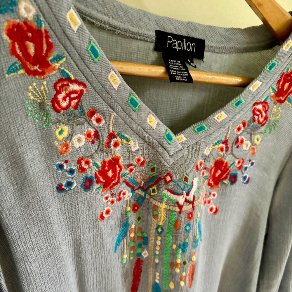 Embroidered Papillion tunic or blouse top with rolled up sleeves